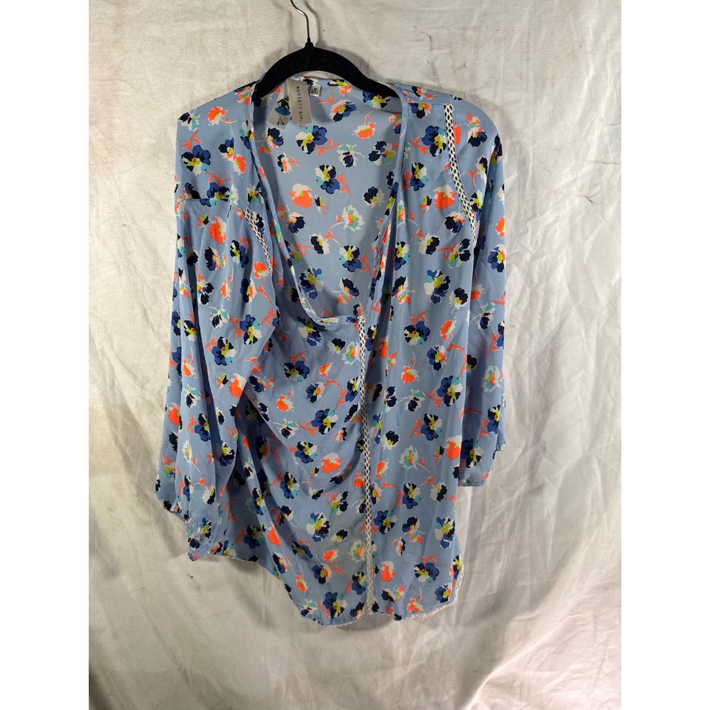 Society Girl Blue Floral Open Front Kimono Top Crochet Trim Size M F7L952D8JI
